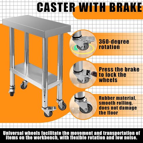 Stainless Steel Work Table 24x12x33 Inch Commercial Worktable with Lockable Wheels and 3-Stage Adjustable Under Shelf for Kitchen Prep Work Restaurant Laundry Workshop Hotel Garage in Saudi Arabia