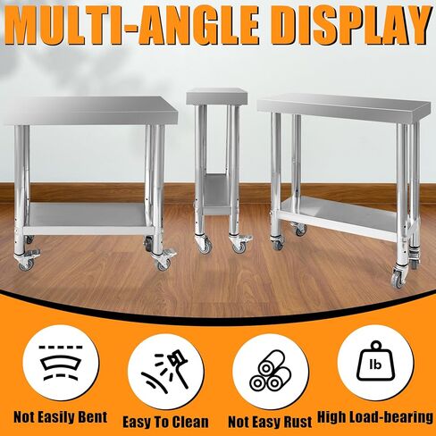 Stainless Steel Work Table 24x12x33 Inch Commercial Worktable with Lockable Wheels and 3-Stage Adjustable Under Shelf for Kitchen Prep Work Restaurant Laundry Workshop Hotel Garage in Saudi Arabia