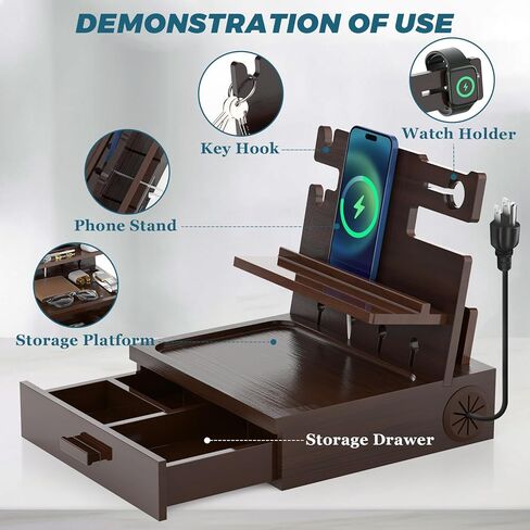 منظم منضدة منضدة للرجال ، ومنظم منضدة السرير مع درج ، ومحطة لرسو الخشب مع منافذ USB ومنافذ AC ، والهدايا للرجال ، ويحمل الهاتف ، والكمبيوتر اللوحي ، والمفاتيح ، والنظارات ، وسماعات الأذن ، إلخ in Kuwait