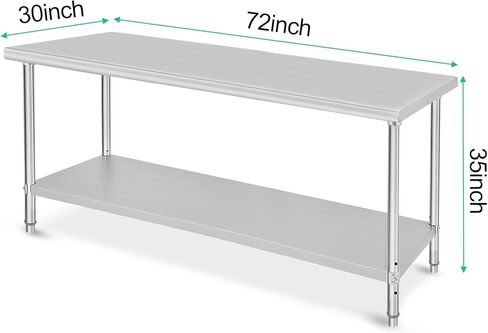 Food Prep Stainless Steel Table - [72x30x35 Inch], [ NSF Certified ], Without Wheel and Backsplash, Adjustable Under Shelf, Heavy Duty, Commercial Use, Ideal for Restaurant, Home in Saudi Arabia