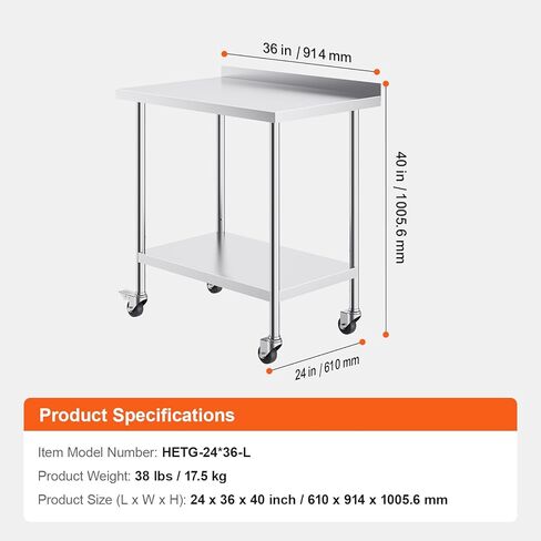 طاولة عمل من الفولاذ المقاوم للصدأ مقاس 24 × 36 × 40 بوصة من Happybuy، طاولة إعداد الطعام شديدة التحمل مع عجلات، ارتفاع قابل للتعديل، طاولة عمل المطبخ التجاري للمطعم، المنزل، الفندق in Kuwait