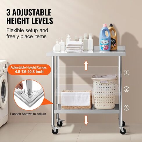 طاولة عمل من الفولاذ المقاوم للصدأ مقاس 24 × 36 × 40 بوصة من Happybuy، طاولة إعداد الطعام شديدة التحمل مع عجلات، ارتفاع قابل للتعديل، طاولة عمل المطبخ التجاري للمطعم، المنزل، الفندق in Kuwait