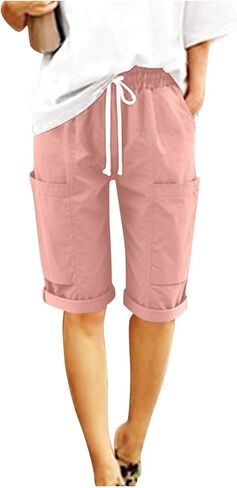 Womens Shorts Summer 2026 Beach Elastic Waist Drawstring Bermuda Linen Pants Gauze Wear Casual Vacation Curvy Outfits in Kuwait