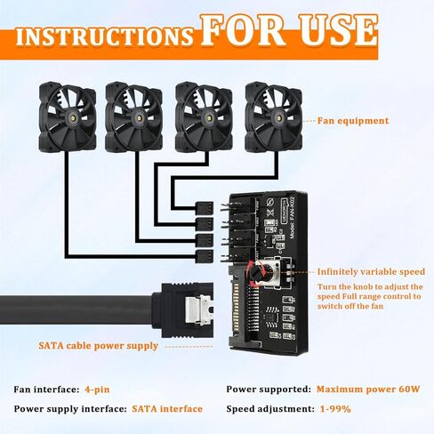 12V 4 Pin Cooling Fan Speed Knob Controller, PWM PC Chassis Fan Adapter Hub Power Supplied with SATA Interface for 4 Fans in Saudi Arabia