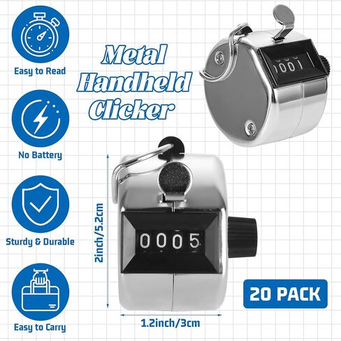 20 Pack Clicker Counter, Metal Hand Tally Counter Clicker, 4 Digit Mechanical Palm Pitch Counter Clicker for Counting Numbers Golf Sports Events Office Stadium in Kuwait