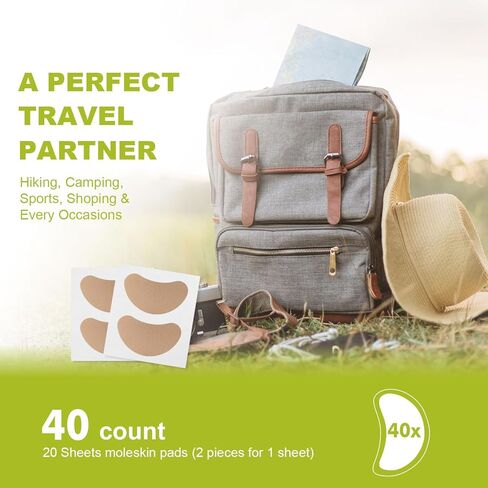 موليسكين للأقدام، وسادات لاصقة من موليسكين، رقعة جلد الشامة للبثور والأحذية وأصابع القدم والكعب | تعمل الوسادات الشريطية لمنع ظهور البثور على تقليل الاحتكاك - على شكل نصف قمر، 20 ورقة (إجمالي 40 قطعة) in Kuwait