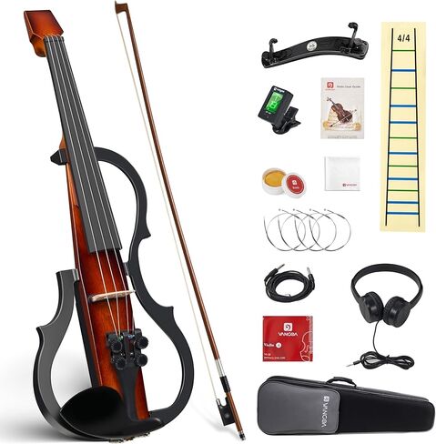 Vangoa Electric Violin 4/4 Full Size, Solid Wood Ebony Silent Violin with Professional Pickup & 3-Band EQ, Headless Lightweight Design, Beginner to Professional Electric Violin Kit, Brown in Saudi Arabia