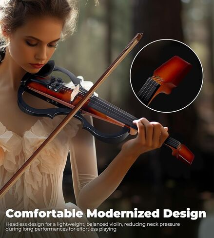 Vangoa Electric Violin 4/4 Full Size, Solid Wood Ebony Silent Violin with Professional Pickup & 3-Band EQ, Headless Lightweight Design, Beginner to Professional Electric Violin Kit, Brown in Saudi Arabia