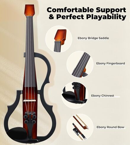 Vangoa Electric Violin 4/4 Full Size, Solid Wood Ebony Silent Violin with Professional Pickup & 3-Band EQ, Headless Lightweight Design, Beginner to Professional Electric Violin Kit, Brown in Saudi Arabia