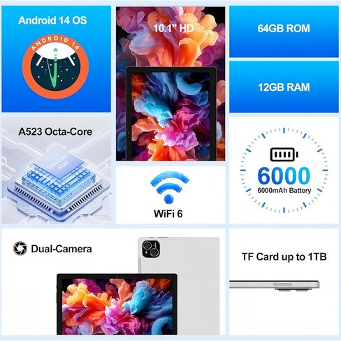 Tablet, Android 14 Tablet 10 Inch, 12GB RAM 128GB ROM, 1TB Expandable, Octa-Core Tablet with Keyboard, Mouse, Stylus, 1280 * 800 IPS, 6000mAh Battery, WiFi 6,BT 5.4, Dual Camera in Kuwait