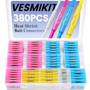 380 قطعة من موصلات مؤخرة الانكماش الحراري من Vesmikit - طقم موصلات أسلاك كهربائية مقاومة للماء من الدرجة البحرية - أطراف تجعيد نحاسية معزولة بعقب لصق للأسلاك والسيارات والقوارب وشاحنة مقطورة وستيريو in Kuwait