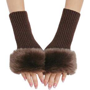 HUSSATOP Winter Faux Fur Arm Warmers Fingerless Gloves Crochet Knit Mittens with Thumb Hole in Kuwait
