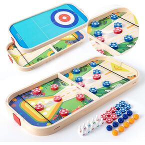 3-in-1 Wooden Tabletop Board Game - Portable Curling, Slingshot & Bowling Set for Kids & Family - Educational Montessori Toy, Screen-Free Indoor Fun, for Boys Girls Ages 3+ in Saudi Arabia