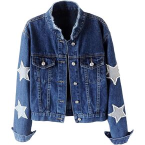 Kedera Women Pearls Beading Denim Jacket Long Sleeve Button Down Distressed Ripped Jean Coat in Kuwait