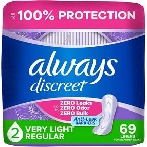 Always Discreet Incontinence Panty Liners for Women with Bladder Leaks, Size 2, Very Light Absorbency, Up to 100% Bladder Leak Protection 69 CT in Saudi Arabia