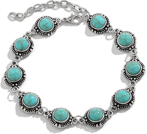 Rrdaily Vintage Faux Turquoise Anklet Silver Chain Foot Anklet Boho Western Cowgirl Anklet Adjustable Chain Anklet Beach Holiday Jewelry for Women Teen Girls in Kuwait