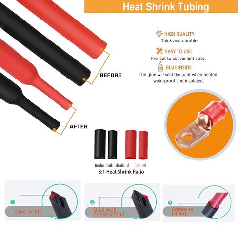 12 قطعة 4/0 AWG 5/16 بوصة (M8) مسمار أسلاك نحاسية شديدة التحمل مع 12 قطعة أنابيب انكماش حراري 4/0 قياس كابل البطارية ينتهي أطراف حلقية ثقوب نحاسية عارية محطة حلقية أنبوبية لسيارة قارب البحرية in Kuwait