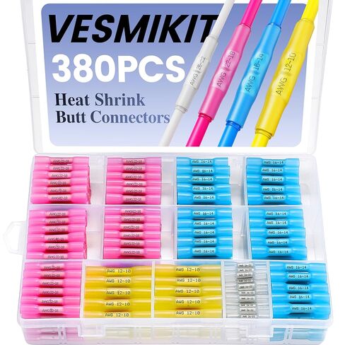 380 قطعة من موصلات مؤخرة الانكماش الحراري من Vesmikit - طقم موصلات أسلاك كهربائية مقاومة للماء من الدرجة البحرية - أطراف تجعيد نحاسية معزولة بعقب لصق للأسلاك والسيارات والقوارب وشاحنة مقطورة وستيريو in Kuwait