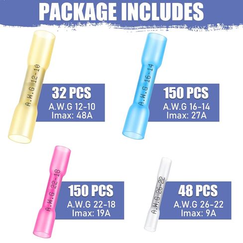 380 قطعة من موصلات مؤخرة الانكماش الحراري من Vesmikit - طقم موصلات أسلاك كهربائية مقاومة للماء من الدرجة البحرية - أطراف تجعيد نحاسية معزولة بعقب لصق للأسلاك والسيارات والقوارب وشاحنة مقطورة وستيريو in Kuwait