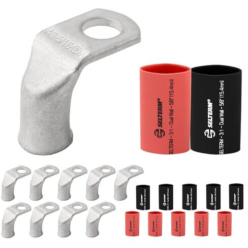 SELTERM 10pcs - 2 AWG 3/8" Stud - 90° Bent Battery Lugs - Ring Terminal Connectors with 12pcs 3:1 Black & Red 5/8" Heat Shrink Tubing - Heavy Duty Battery Cable Ends - Tinned Copper Wire Connector Kit in Kuwait