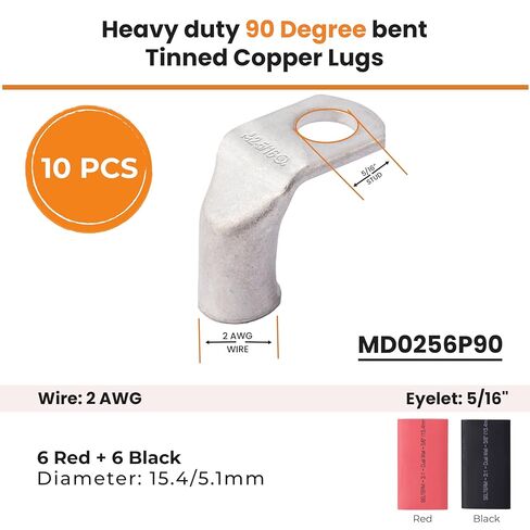 SELTERM 10pcs - 2 AWG 3/8" Stud - 90° Bent Battery Lugs - Ring Terminal Connectors with 12pcs 3:1 Black & Red 5/8" Heat Shrink Tubing - Heavy Duty Battery Cable Ends - Tinned Copper Wire Connector Kit in Kuwait