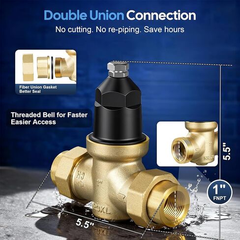 1-NR3XLDU صمام تخفيض الضغط مقاس 1 بوصة مع اتصال FNPT مزدوج الاتحاد يستبدل منظم ضغط المياه Zurn Wilkins للمنزل، قابل للتعديل 15-75 رطل لكل بوصة مربعة لخطوط المياه الرئيسية السكنية in Kuwait