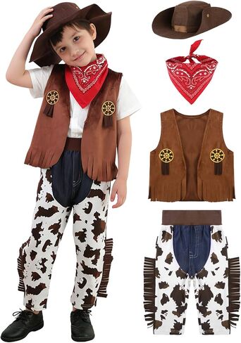COSLAND 4pc Toddler Boys' Cowboy Outfit, Kids Halloween Costume Hat & Vest & Scarf & Pants, 12Months-4T in Kuwait
