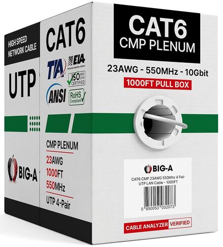 Big-A Cat 6 Plenum Ethernet Cable 1000ft White, Cat6 CMP Cable 550MHz, Bulk Ethernet Cable UTP, 23AWG Solid Network Cable, 10 Gigabit, Pull Box in Saudi Arabia