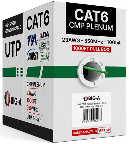 Big-A - Cat6 Plenum Cable 1000ft, Cat 6 Ethernet Cable (CMP) 10 Gigabit Solid Network Cable, 550MHz Cat 6 Ethernet Cord, Unshielded Twisted Pair (UTP) - Green in Kuwait