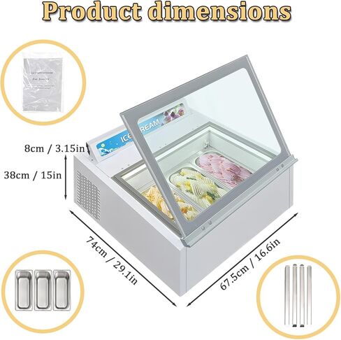 Kolice Commercial Tabletop Ice Cream Showcase Freezer, Desktop Ice Cream Dipping Cabinet, Countertop ice cream display showcase freezer with 3 Pans, Auto Defrost, Anti-Fog Glass, LED light included in Kuwait