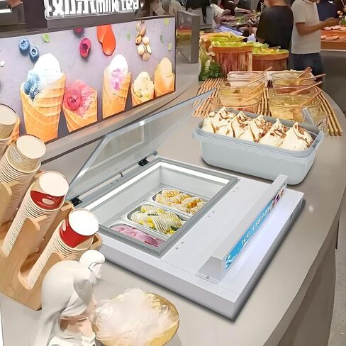 Kolice Commercial Tabletop Ice Cream Showcase Freezer, Desktop Ice Cream Dipping Cabinet, Countertop ice cream display showcase freezer with 3 Pans, Auto Defrost, Anti-Fog Glass, LED light included in Kuwait