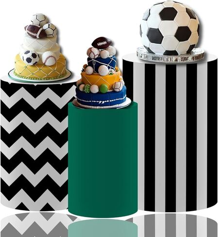 NIVIUS PHOTO Sports Football Theme اسطوانة عرض أغطية قاعدة التمثال، شيفرون باللونين الأسود والأبيض، مخطط وأخضر، مجموعة من 3 (TZ069، مجموعة كبيرة من 3) in Kuwait