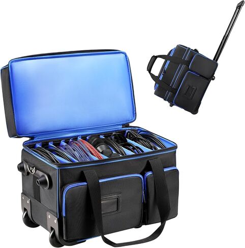 حقيبة تنظيم كابل DJ مع عجلات، حقيبة ناعمة لمعدات DJ مع 9 فواصل قابلة للفصل، حقيبة تخزين مبطنة متعددة الجيوب للميكروفون والسلك وسماعات الرأس وإكسسوارات الموسيقى in Kuwait