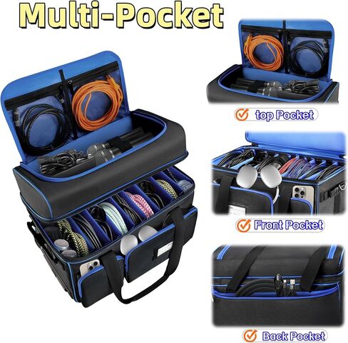 حقيبة تنظيم كابل DJ مع عجلات، حقيبة ناعمة لمعدات DJ مع 9 فواصل قابلة للفصل، حقيبة تخزين مبطنة متعددة الجيوب للميكروفون والسلك وسماعات الرأس وإكسسوارات الموسيقى in Kuwait