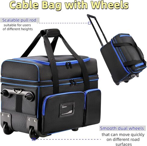 حقيبة تنظيم كابل DJ مع عجلات، حقيبة ناعمة لمعدات DJ مع 9 فواصل قابلة للفصل، حقيبة تخزين مبطنة متعددة الجيوب للميكروفون والسلك وسماعات الرأس وإكسسوارات الموسيقى in Kuwait