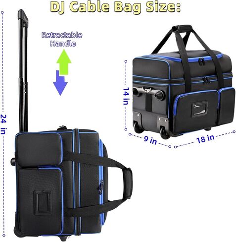 حقيبة تنظيم كابل DJ مع عجلات، حقيبة ناعمة لمعدات DJ مع 9 فواصل قابلة للفصل، حقيبة تخزين مبطنة متعددة الجيوب للميكروفون والسلك وسماعات الرأس وإكسسوارات الموسيقى in Kuwait