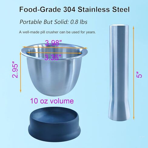 مجموعة مسحوق حبوب منع الحمل الناعم ومدافع الهاون والمدقة للحبوب الكبيرة والصغيرة والمتعددة، تحل مشكلات مطحنة حبوب الدواء الشائعة - الفولاذ المقاوم للصدأ الصلب 304، 10 أونصة in Kuwait