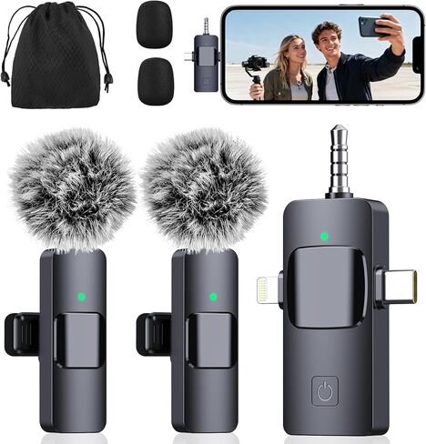 3-in-1 Microphone for iPhone, Android, Camera, Wireless Microphones, Mini Microphone, Lapel Mic with Noise Reduction, Crystal Clear Sound & 7H Battery for Recording, YouTube, Podcast in Kuwait