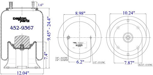 Dayton Parts 452-9367L Air Spring, Rolling Lobe, Steel Piston, 16.93" Static Height, 9" Top Plate Diameter, 10.24" Piston Diameter, Two Stud Top Plate, Four Hole Piston in Saudi Arabia