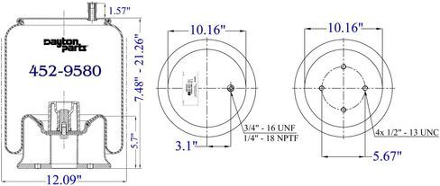 Dayton Parts 452-9580L Air Spring, Rolling Lobe, Steel Piston, 16.34" Static Height, 10.16" Top Plate Diameter, 10.16" Piston Diameter, One Stud Top Plate, Four Hole Piston in Saudi Arabia