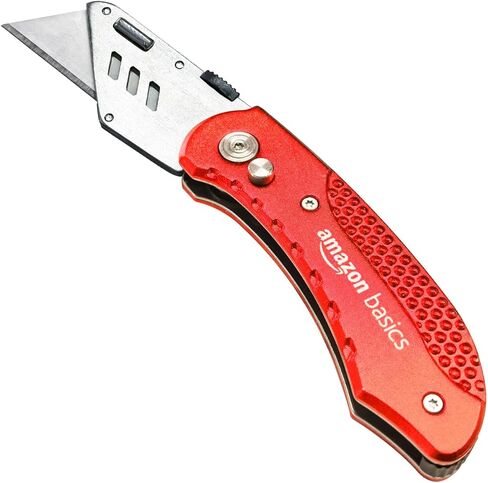 Amazon Basics Folding Utility Knife Box Cutter with Back-lock Mechanism, Portable Lightweight Aluminum Handle, Red in Kuwait