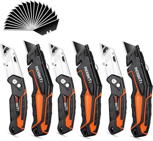 سكينة مساعدة من REXBETI مكونة من قطعتين، قاطعة صندوق قابلة للسحب شديدة التحمل SK5 للكرتون والكرتون والصناديق، تصميم تخزين الشفرات، تتضمن 10 شفرات إضافية (إجمالي 18 شفرة) in Kuwait