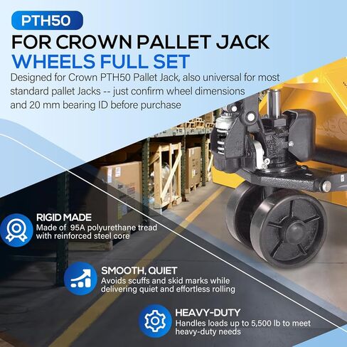 PTH50 For Crown Pallet Jack Wheels Full Set with Axles, Pair of Steering Wheels 7" x 2" and Front Load Roller 2.76"x 3.74" with Bearings ID 20mm, Poly Tread Black in Saudi Arabia