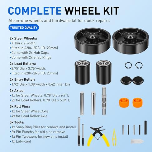 PTH50 For Crown Pallet Jack Wheels Full Set with Axles, Pair of Steering Wheels 7" x 2" and Front Load Roller 2.76"x 3.74" with Bearings ID 20mm, Poly Tread Black in Saudi Arabia