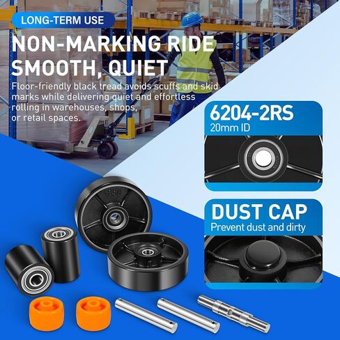 PTH50 For Crown Pallet Jack Wheels Full Set with Axles, Pair of Steering Wheels 7" x 2" and Front Load Roller 2.76"x 3.74" with Bearings ID 20mm, Poly Tread Black in Saudi Arabia
