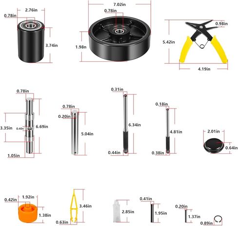 PTH50 For Crown Pallet Jack Wheels Full Set with Axles, Pair of Steering Wheels 7" x 2" and Front Load Roller 2.76"x 3.74" with Bearings ID 20mm, Poly Tread Black in Saudi Arabia