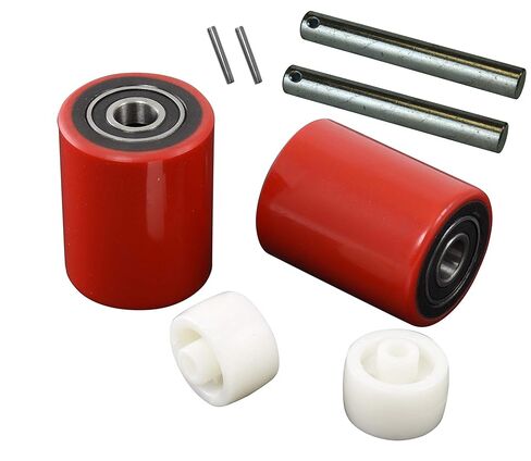 مجموعة عجلات تحميل رافعة البليت/الشاحنة مع محاور وبكرة خروج الدخول (4 قطع) 2.75 بوصة × 3.75 بوصة مع معرف المحامل 20 مم مداس بولي أحمر in Kuwait