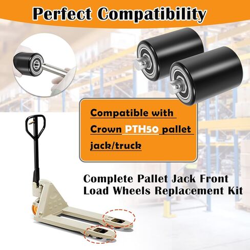 Fit for Crown PTH50 Pallet Jack Front Load Wheels Replacement Kit, Pair Front Load Roller(2.78" x 3.75"), with Pre-Installed Bearings, Axles, 20mm ID Poly Tread, Pins and Install Tool Kit in Saudi Arabia