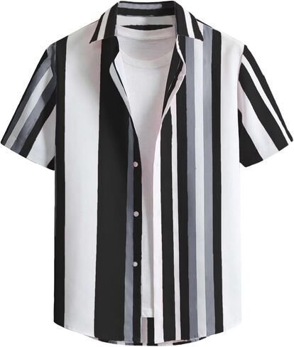 Gorglitter Men's Beach Vacation Dorts Button Up Short Sleeve Color Block Striped Tops Tops Tops Tops Tops in Kuwait