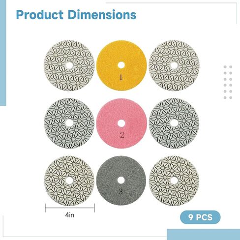 9 قطع 4 بوصات من وسادات التلميع لمجلخة الزوايا، طقم 3 خطوات للرطب/الجاف، تلميع الحجر والخرسانة، 100 ملم in Kuwait